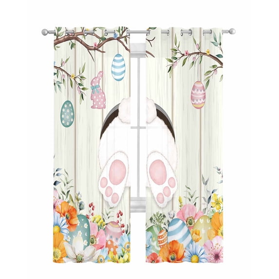 Easter Sheer Curtains 63 Inch Length 2 Panels Set for Living Room/Bedroom, Spring Farmhouse Watercolor Bunny Eggs Wood Grain Kitchen Curtains Grommet Semi-Sheer Curtains Window Treatments 42"x63"x2