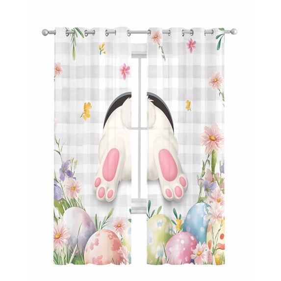 Easter Sheer Curtains 63 Inch Length 2 Panels Set for Living Room/Bedroom, Spring Rabbit Feet Eggs Botanical Floral Grey Plaid Kitchen Curtains Grommet Semi-Sheer Curtains Window Treatments 42"x63"x2