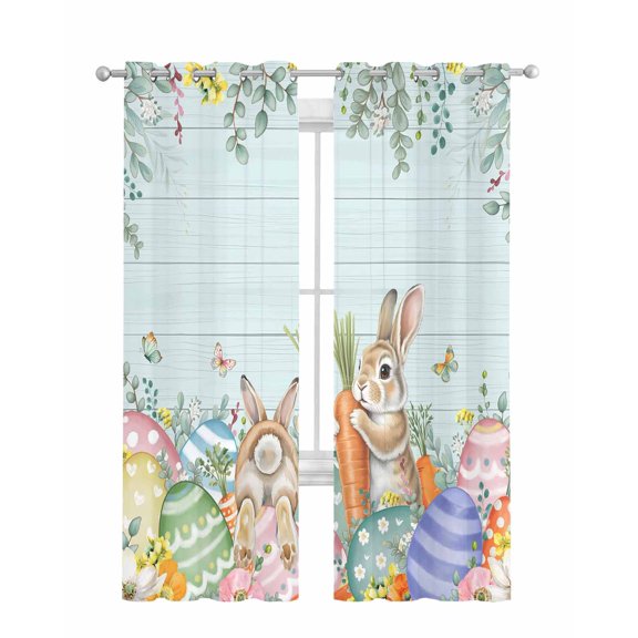Easter Sheer Curtains 63 Inch Length 2 Panels Set for Living Room/Bedroom, Spring Rabbit Tail Eggs Eucalyptus Leaves Wood Kitchen Curtains Grommet Semi-Sheer Curtains Window Treatments 42"x63"x2
