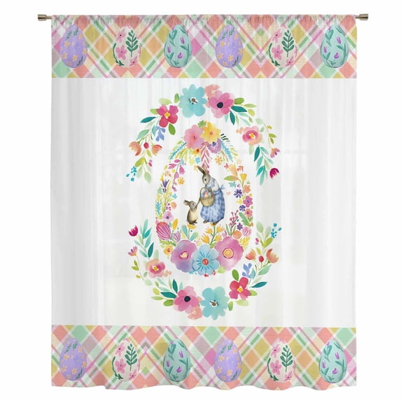 Easter Sheer Curtains 63 Inches Long, Colorful Checkered Spring Bunny Flower Eggs Striped Light Filering Curtains, Breathable Simi Curtain Privacy Drapes for Living Room Bedroom Window Treatment