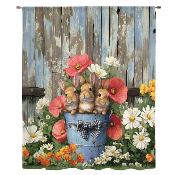 Easter Sheer Curtains 63 Inches Long, Retro Spring Rabbit Flowers Plants Wooden Plank Light Filering Curtains, Breathable Simi Curtain Privacy Drapes for Living Room Bedroom Window Treatment