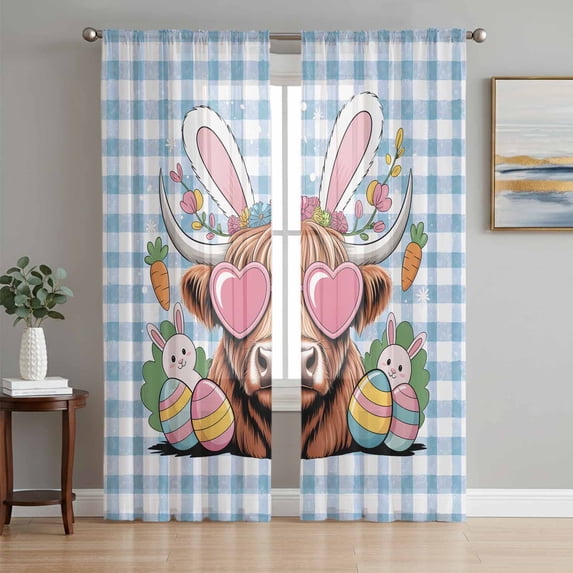 Easter Sheer Curtains 72 Inch Length 2 Panels for Living Room, Spring Bunny Cow Carrots Colorful Egg Blue Plaid Voile Kitchen Curtain Set, Luxury Privacy Drapes Window Treatment for Bedroom