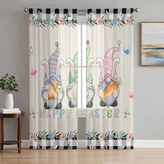 Easter Sheer Curtains 72 Inch Length 2 Panels for Living Room, Vintage Farmhouse Gnomes Bunny Colorful Eggs Flower Voile Kitchen Curtain Set, Luxury Privacy Drapes Window Treatment for Bedroom