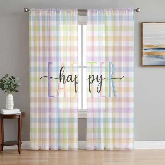 Easter Sheer Curtains 72 Inch Length 2 Panels Set Window Treatments, Colorful Checkered Plaid Spring Gingham Textured Rod Pocket Semi Curtains for Living Room/Bedroom/Kitchen Décor, 104"W x 72"L