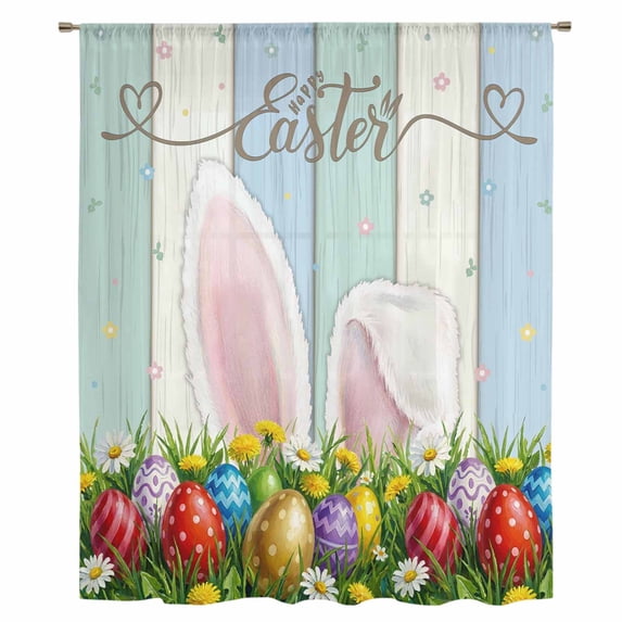 Easter Sheer Curtains 72 Inches Long, Wooden Bunny Colorful Eggs Spring Floral Botanical Light Filering Curtains, Breathable Simi Curtain Privacy Drapes for Living Room Bedroom Window Treatment