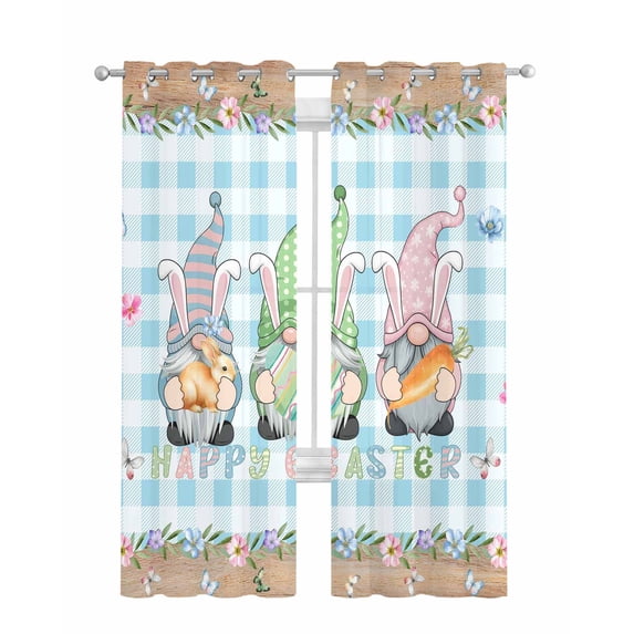 Easter Sheer Curtains 84 Inch Length 2 Panels Set for Living Room/Bedroom, Spring Gnomes Bunny Eggs Flowers Blue Checkered Kitchen Curtains Grommet Semi-Sheer Curtains Window Treatments 42"x84"x2