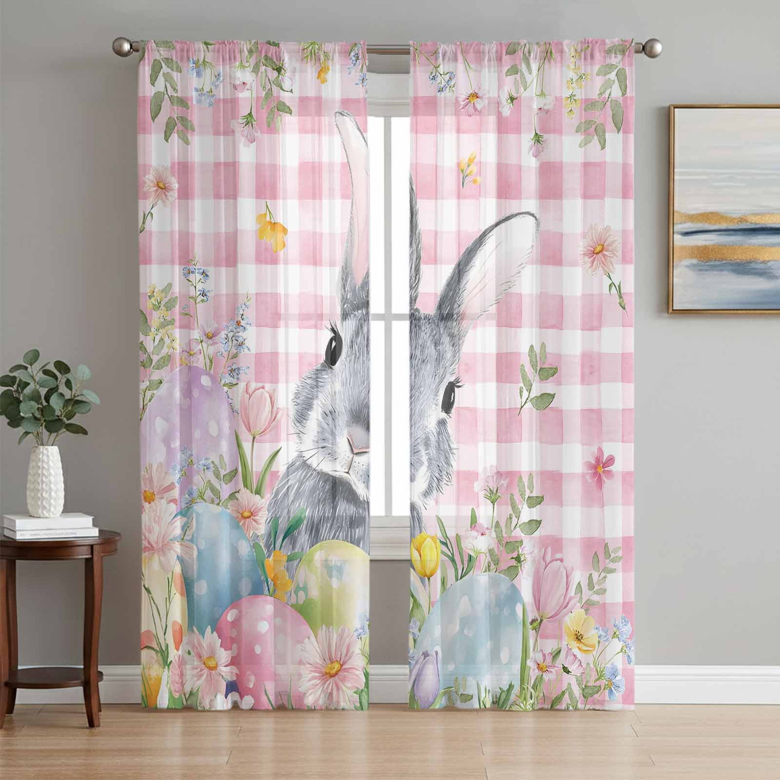Easter Sheer Curtains 84 Inch Length 2 Panels Set, Spring Rabbit Egg ...