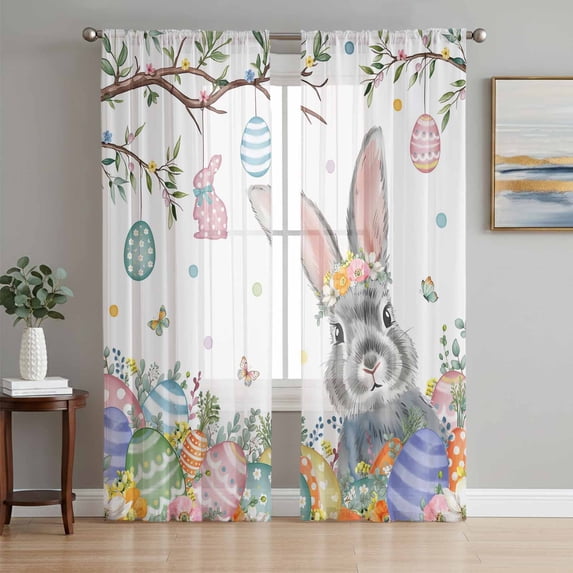 Easter Sheer Curtains 96 Inch Length 2 Panels Set Window Treatments, Spring Bunny Eggs Botanical Leaves Tree Branch Rod Pocket Semi Curtains for Living Room/Bedroom/Kitchen Décor, 104"W x 96"L