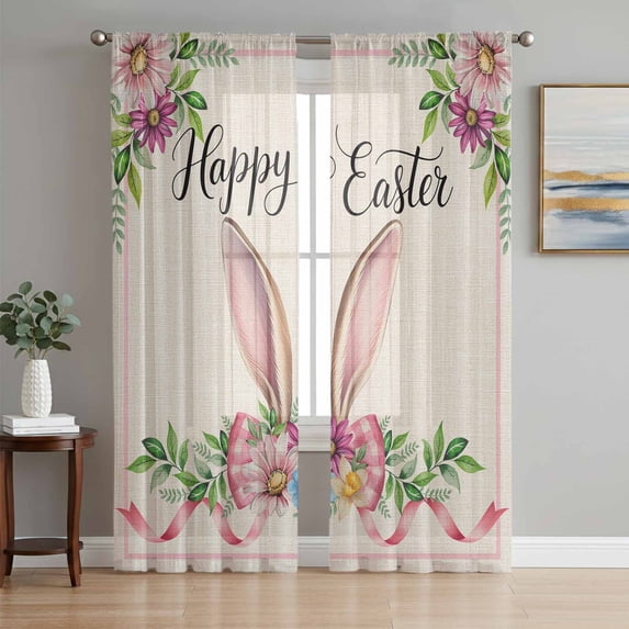 Easter Sheer Curtains 96 Inch Length 2 Panels Set Window Treatments, Spring Farmhouse Vintage Bunny Flower Leaf Beige Rod Pocket Semi Curtains for Living Room/Bedroom/Kitchen Décor, 104"W x 96"L