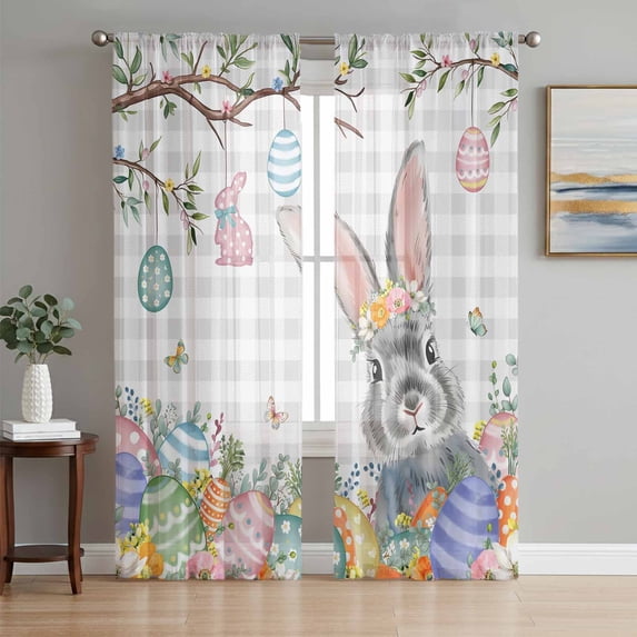 Easter Sheer Curtains 96 Inch Length 2 Panels Set Window Treatments, Spring Grey Bunny Botanical Eggs Leaves Lattice Rod Pocket Semi Curtains for Living Room/Bedroom/Kitchen Décor, 104"W x 96"L