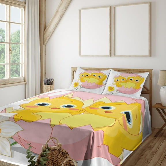 Ambesonne Easter Fitted & Top Sheet Set with Shams, Daffodil Chicks Cracked Egg, Pink and Yellow
