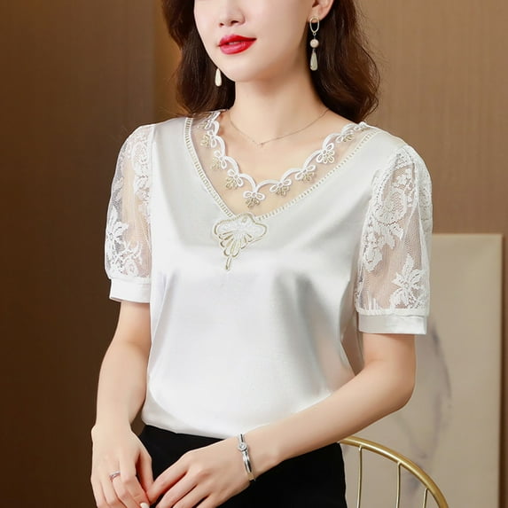 Easter Shirt Shirts for Women Graphic Tees V Neck Net Yarn Short Sleeved T Shirt Women's New Summer Fashion Lace Undershirt Feeling Satin with A Coat Womens Short Sleeve Tops Casual V Neck