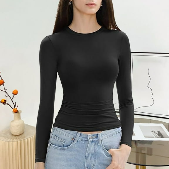 Easter Shirt Summer Tops for Women Plus Women’S Slim Tops Long Sleeve Round Neck Crop Top Tee Shirt Basic Solid Tight Slim fit Cropped Shirt Workout Yoga Going Out Tops for Women College Long Sleeve