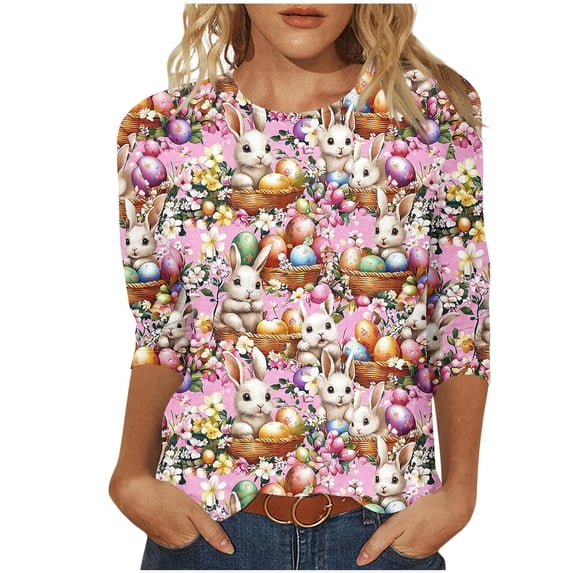 Easter Shirt Women 3/4 Sleeve Round Neck Blouse Bunny Eggs Print Shirts Casual Loose Fit Tunic Tops Summer Festival Outfits
