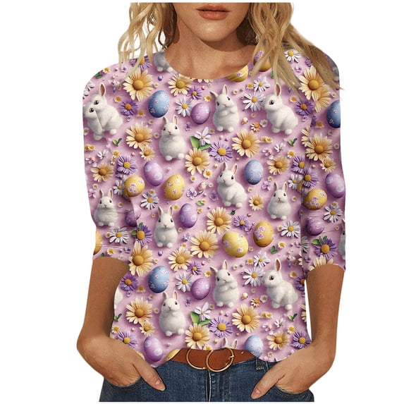 Easter Shirt Women 3/4 Sleeve Round Neck Blouse Bunny Eggs Print Shirts Casual Loose Fit Tunic Tops Summer Festival Outfits