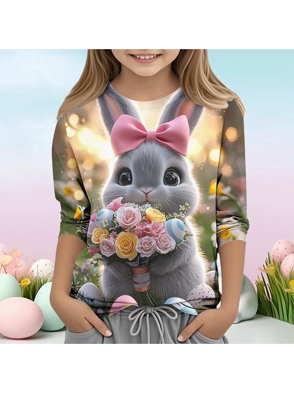 Easter Shirt for Girls 3/4 Sleeve Bunny Floral 3D Print Top Cute Kids Spring Graphic Tee Multicolor,Size 3-4T