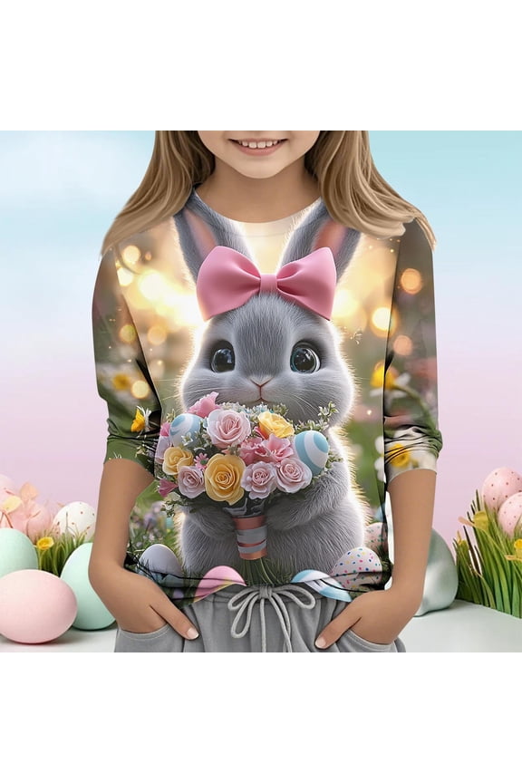 Easter Shirt for Girls 3/4 Sleeve Bunny Floral 3D Print Top Cute Kids Spring Graphic Tee Multicolor,Size 9-10T