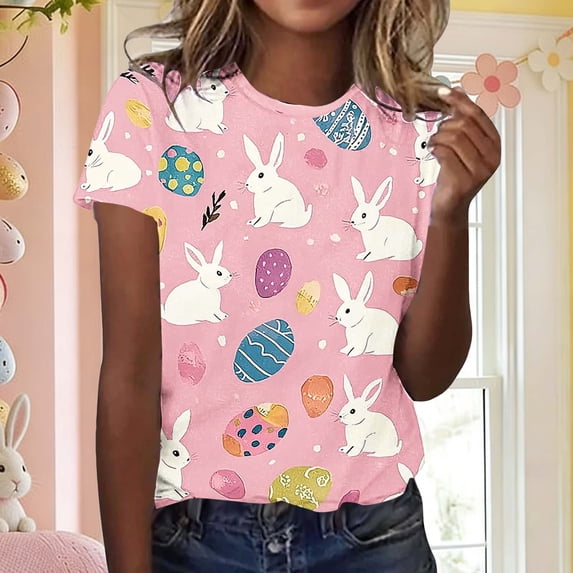 Easter Shirt for Women All Over Bunny And Patterned Egg Print T-Shirt Short Sleeve Crewneck Relaxed Fit Festive Holiday Apparel