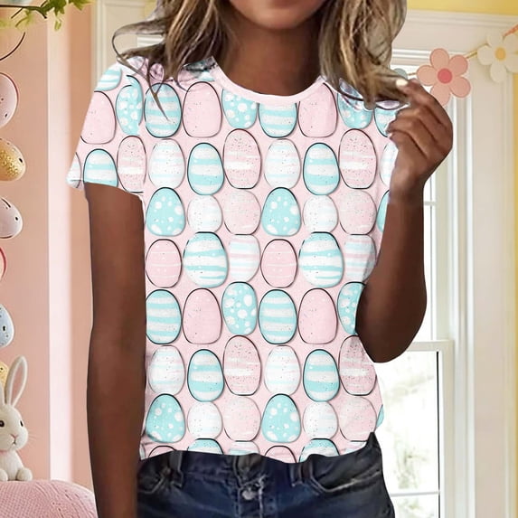 Easter Shirt for Women Colorful Patterned Eggs Print T-Shirt Short Sleeve Crewneck Lightweight Breathable Festival Apparel Holiday Top