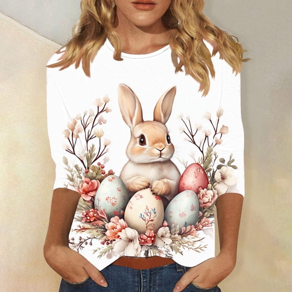 Easter Shirt for Women Floral Bunny And Painted Eggs Graphic Tunic 3/4 Sleeve Crewneck Casual Festival Apparel Spring Holiday Gift Top