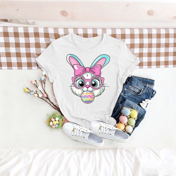 Easter Shirt for Women Glasses Bunny Holding Egg Graphic T-Shirt Short Sleeve Crewneck Soft Breathable Festival Apparel Holiday Celebration Top