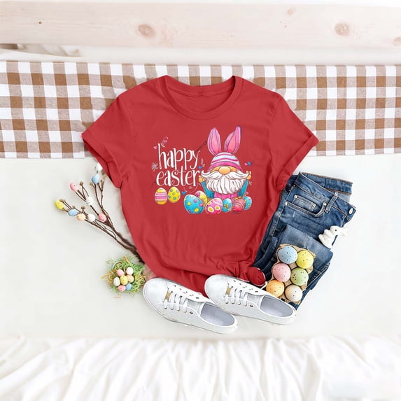 Easter Shirt for Women Happy Easter Gnome Bunny Ears Graphic Tee Short Sleeve Crewneck Soft Breathable Festival Apparel Holiday Party Top