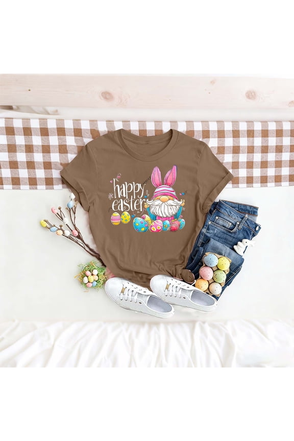Easter Shirt for Women Happy Easter Gnome Bunny Ears Graphic Tee Short Sleeve Crewneck Soft Breathable Festival Apparel Holiday Party Top
