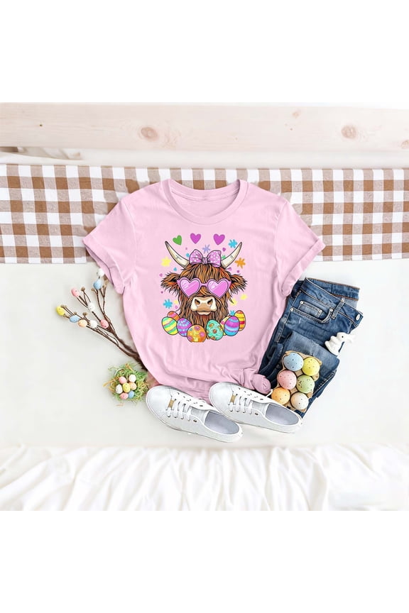 Easter Shirt for Women Highland Cow With Heart Sunglasses Graphic Tee Short Sleeve Crewneck Casual Festival Apparel Holiday Gift For Fans