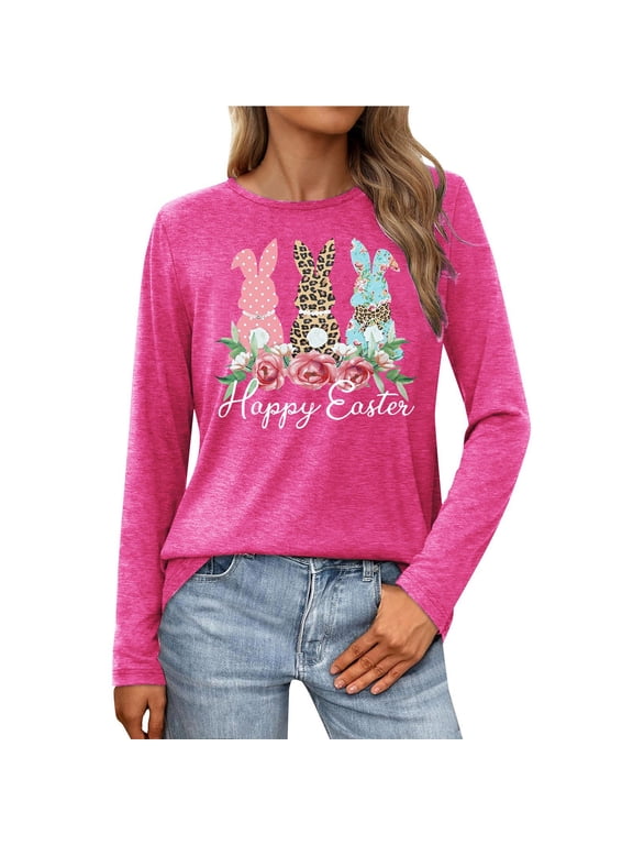 Easter Shirt for Women Long Sleeves Round Neck Cute Bunny & Rose Print Graphic Tee Tops for Women (Hot Pink XL)