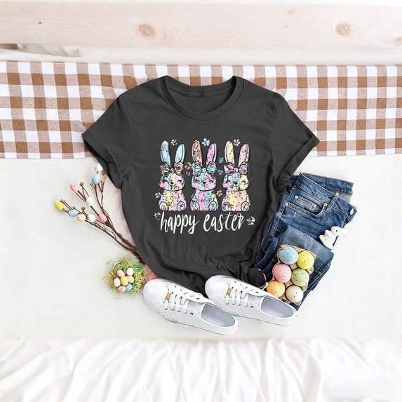 Easter Shirt for Women Pastel Bunny Trio Graphic Print T-Shirt Short Sleeve Crewneck Loose Fit Festival Apparel Easter Sunday Gift for Women