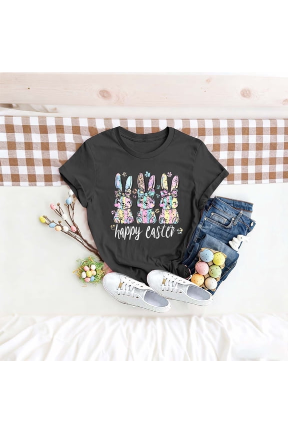 Easter Shirt for Women Pastel Bunny Trio Graphic Print T-Shirt Short Sleeve Crewneck Loose Fit Festival Apparel Easter Sunday Gift for Women