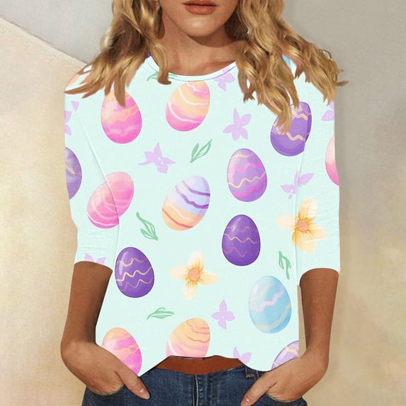 Easter Shirt for Women Rabbit In Cracked Egg Graphic Tunic 3/4 Sleeve ...