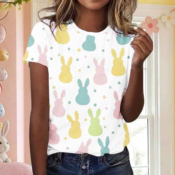 Easter Shirt for Women Religious Cross And Bunny Graphic T-Shirt Short Sleeve Crewneck Loose Fit Festival Apparel Easter Sunday Gift