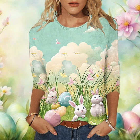 Easter Shirt for Women Watercolor Eggs And Floral Graphic Tunic Three Quarter Sleeve Crewneck Soft Stretch Fabric Festival Apparel Gift For Women