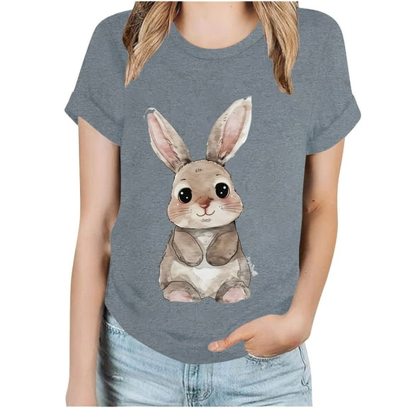 ZQUUVOU Easter Shirts For Women Funny Bunny Print Short Sleeve T Shirt For Easter Day Tops A-Gray