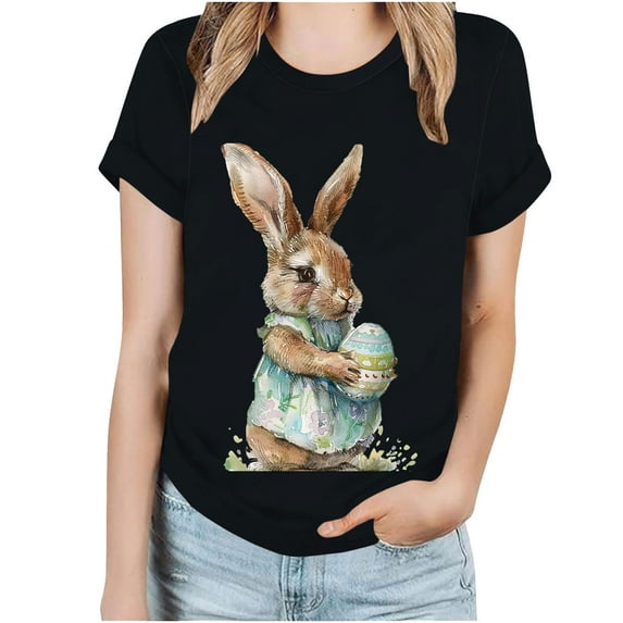 ZQUUVOU Easter Shirts For Women Funny Bunny Print Short Sleeve T Shirt For Easter Day Tops B-Black
