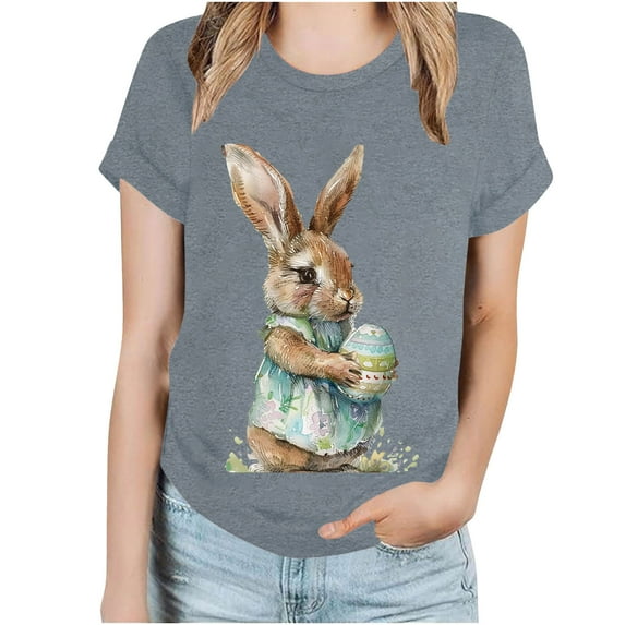 ZQUUVOU Easter Shirts For Women Funny Bunny Print Short Sleeve T Shirt For Easter Day Tops B-Gray