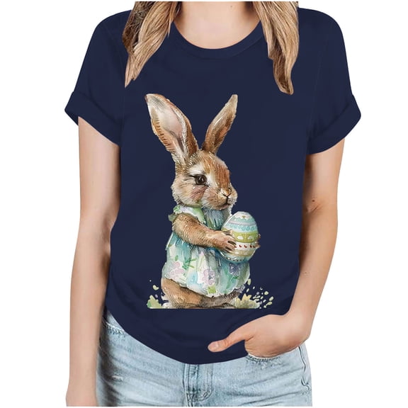 ZQUUVOU Easter Shirts For Women Funny Bunny Print Short Sleeve T Shirt For Easter Day Tops B-Navy