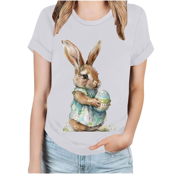 ZQUUVOU Easter Shirts For Women Funny Bunny Print Short Sleeve T Shirt For Easter Day Tops B-White