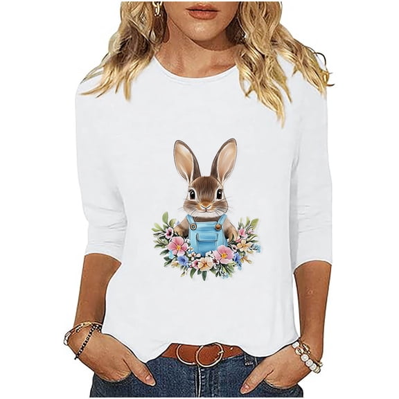 Easter Shirts For Women Spring Summer 3/4 Sleeve Crewneck Tops Blouse Cute Rabbit Graphic Tees Trendy Basic Easter 2025