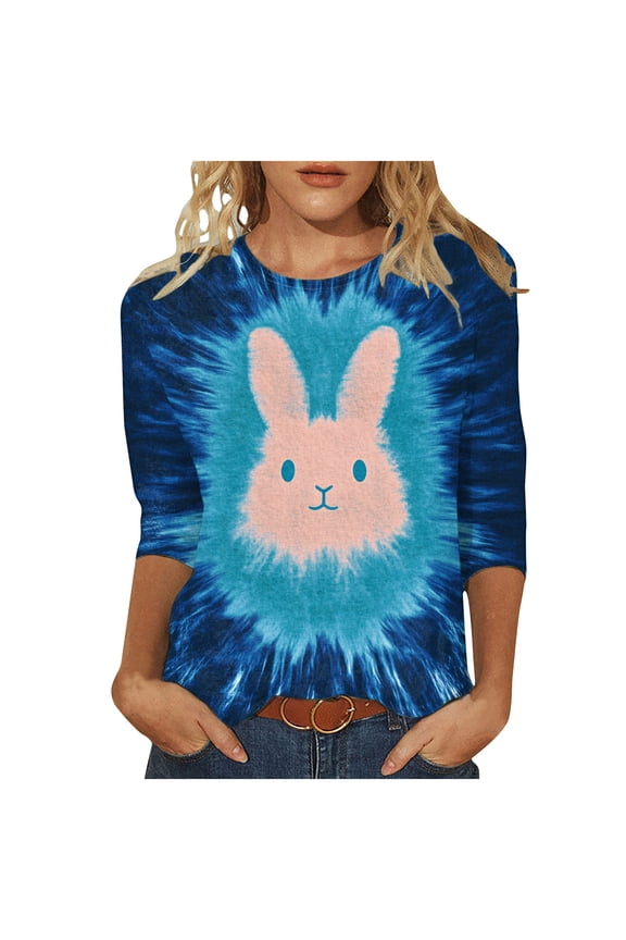 Easter Shirts For Women Summer Crewneck Tunic Top 3/4 Sleeve Shirt Cute Tie Dye Tee Shirts Bunny Tops Shirt Blouses Women 2025