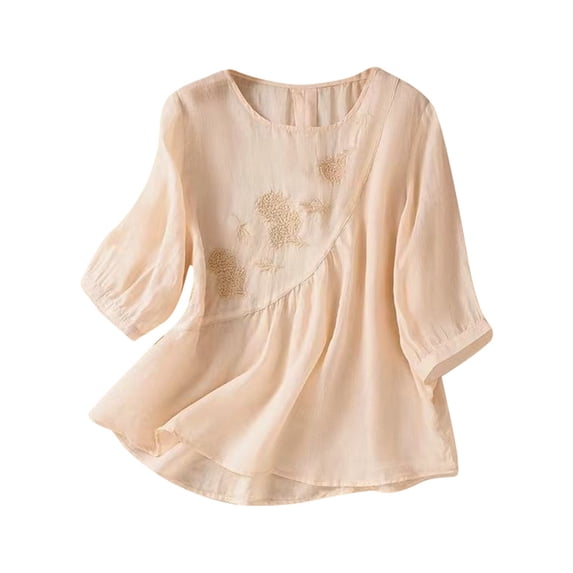 Easter Shirts Spring Tops for Women Trendy Work Women's Embroidered Round Neck Short Sleeve T Shirt Bohemian Loose fit Floral Applique Top Graphic Tees