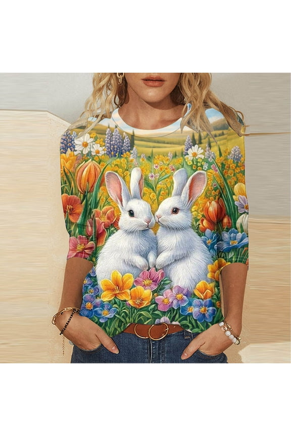Easter Shirts for Women, 3/4 Sleeve Womens Tunic Tops Funny Bunny Egg Graphic Tees Spring Casual Crewneck T Shirts 2026 Spring Summer Limited-time offer