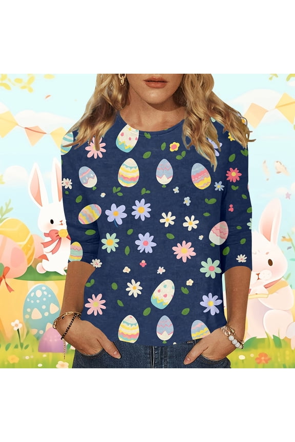 Easter Shirts For Women Funny Egg Graphic Tees 3/4 Length Sleeve Tops Womens Work Out Shirts Pack Turtle Neck Ladies Dark Shirt for Women Layering Tee for Women Tan Raglan Shirt Women under Scrub
