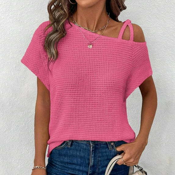 Easter Shirts for Women Womens Tops Dressy Casual Plus Size Womens Summer Tops off One Shoulder Knit Short Sleeve T Shirts Casual Lightweight Solid Color Blouses Going Out Tops for Women College Lace
