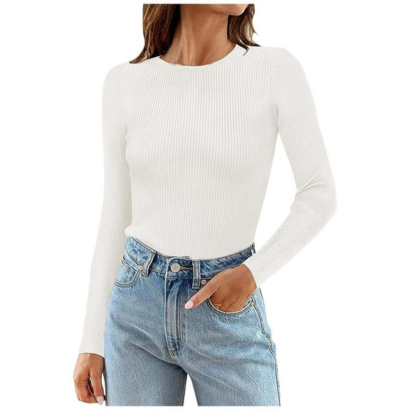 Easter Shirts for Women Womens Tops Dressy Casual Summer Autumn and Winter Women's Solid Color Long Sleeved Round Neck Shirt Ribbed Knitted Slim Casual Sweater Going Out Tops for Women Trendy Summer