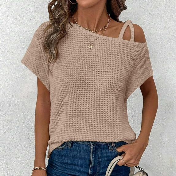 Easter Shirts Womens Tops Dressy Casual Plus Size Womens Summer Tops off One Shoulder Knit Short Sleeve T Shirts Casual Lightweight Solid Color Blouses Womens Short Sleeve Tops Dressy Casual Cotton