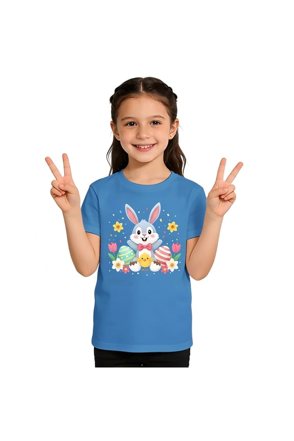 Easter Shirts for Boys and Girls Girls Tops Size 7-8 Short Sleeve Bunny Graphic Tee Casual Kids Tops for Summer(Size 6-7 Years,Blue)