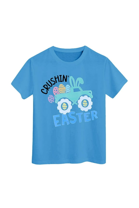 Easter Shirts for Kids Girls Short Sleeved Funny Bunny Tops Easter Egg Shirt Casual Crewneck Summer Outerwear Children Clothes Blue 6-7 Years