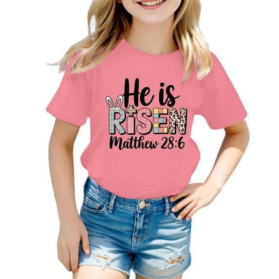 Easter Shirts for Kids He is Risen Shirt Short Sleeve Soft Comfortable Holiday Tops for Easter Egg Hunt Casual Wear 2-8Y Pink, 7-8 Years